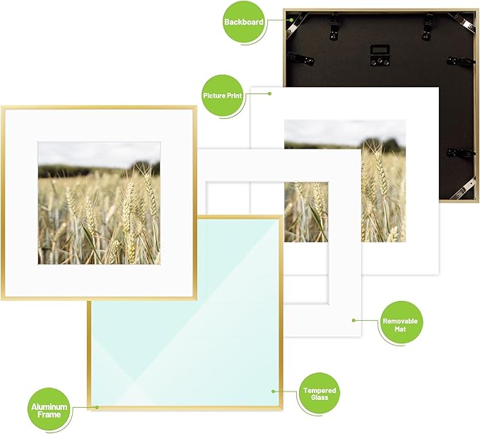 Golden State Art, Gallery Wall Frame Set of 6 - Gold 12x12 Aluminum Photo Frames with Mat for 8x8 Pictures - 12 x 12 inch Metal Frame with Real Glass Cover - Elegant Home or Office Decor