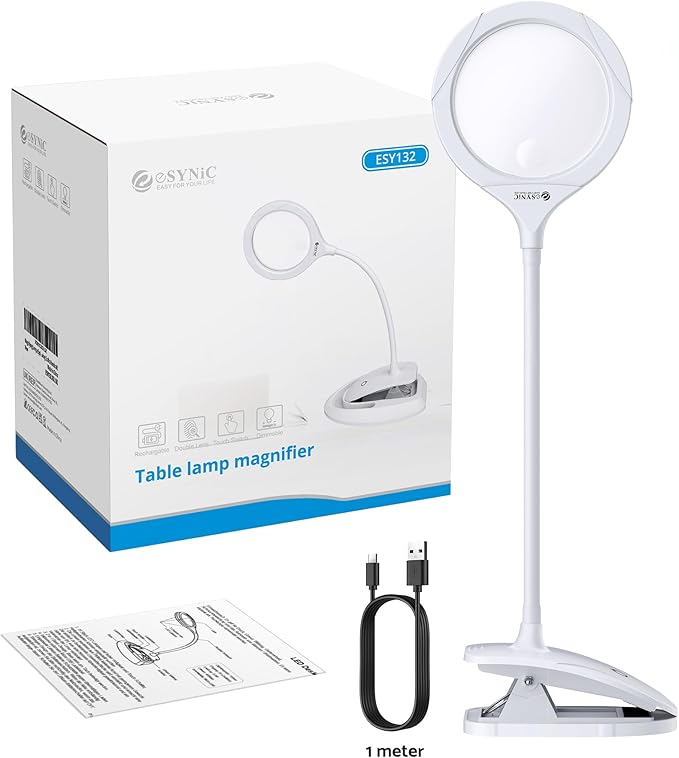 eSynic Lighted Magnifying Glass with Stand-USB-C Rechargeable-5X&10X Magnification-4.3" Large Lens-Desk Magnifier Lamp With Clamp & Heavy Base-3 Levels Brightness-Flexible Gooseneck for Reading Crafts