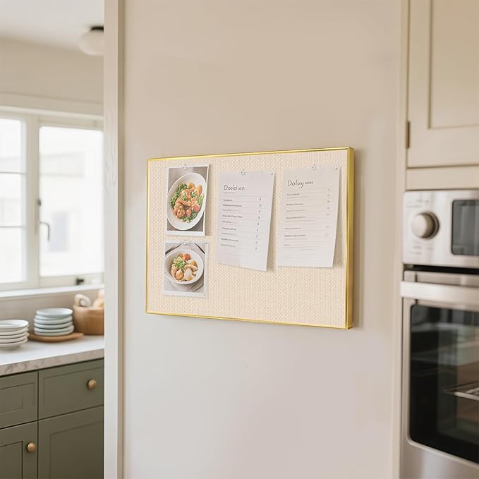 Linen Bulletin Board 24 x 18 Inches, White Cork Board for Wall, Gold Aluminum Framed Fabric Pin Board Tack Board, 10 Push Pins, Beige