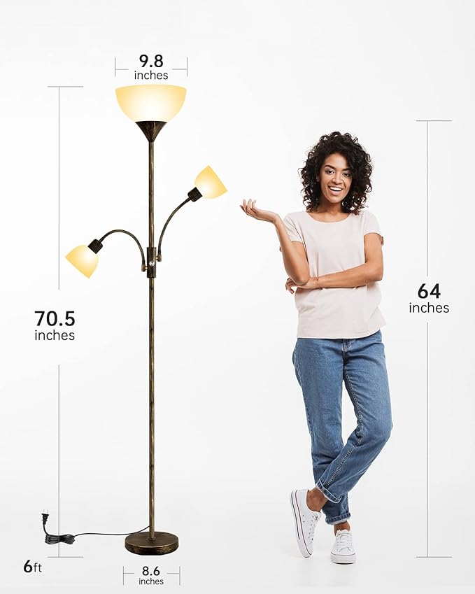 Floor Lamp, Torchiere Floor Lamps for Living Room, 71 Inch Tall Standing Lamp, Bedroom Lamps with Reading Light, Rotary Switch, 3 Plastic Lampshade, Torch Floor lamps for Bedroom (Bronze, No Bulb)