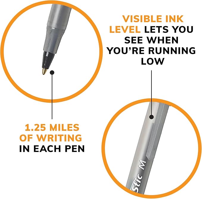 BIC Round Stic Xtra Life Black Ballpoint Pens, Medium Point (1.0mm), 12-Count Pack of Bulk Pens, Flexible Round Barrel for Writing Comfort, No. 1 Selling Ballpoint Pens
