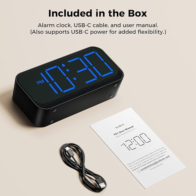 Battery Operated Digital Clock: Cordless Small Alarm Clock for Bedroom Travel - Large Numbers 4 Dimmers for All Ages Blue Digits