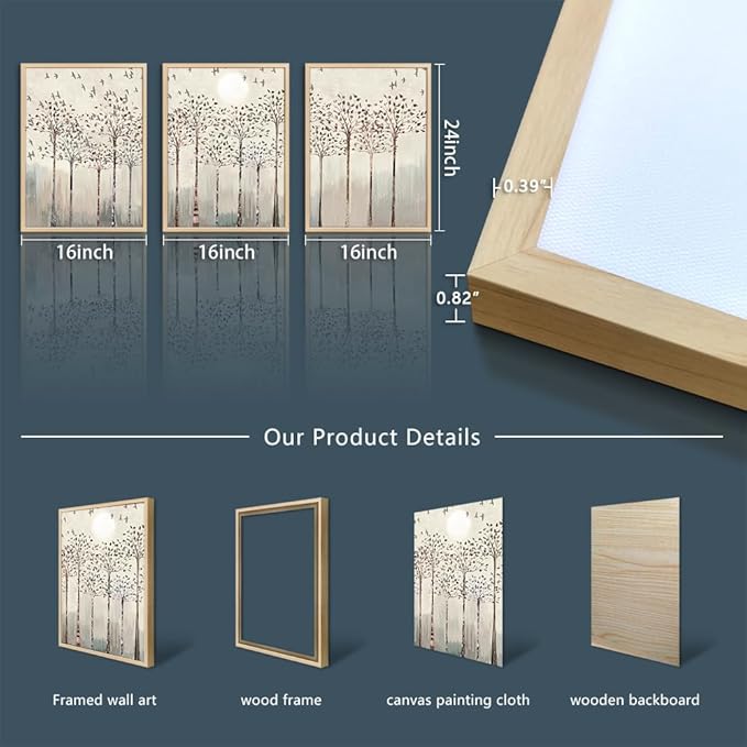 Natural Wood Framed Art Prints Wall Decorations For Living Room Wall Art For Bedroom Office Wall Decor Artworks Sunshine Trees And Birds Abstract Paintings Modern Home Frame Pictures Decor 3 Piece