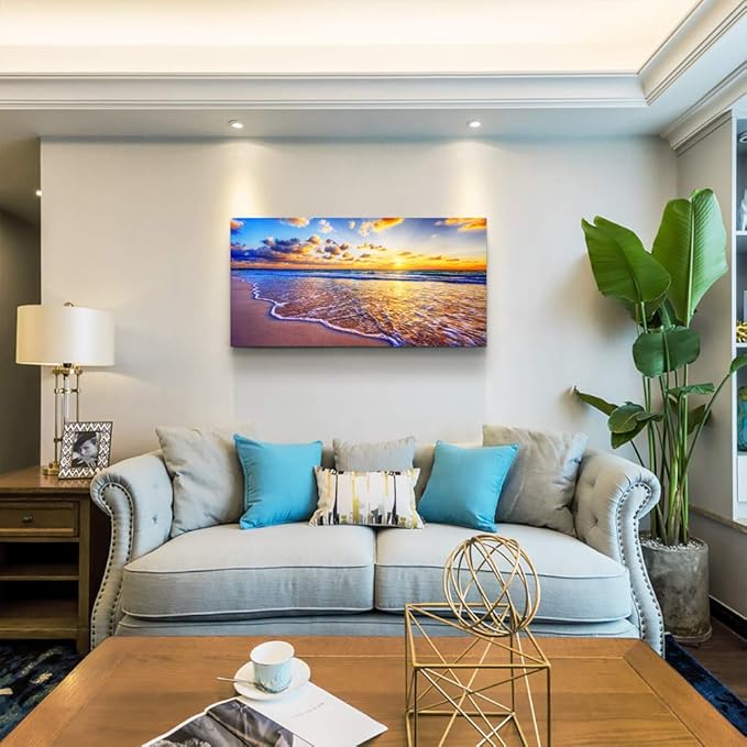 MHARTK66 Beach Sunset Wall Art Coastal Decor Seascape Canvas Prints Ocean Picture for Living Room Artwork for Walls Waves Sea Poster Landscape Painting Bedroom Wall Art Office Home Decoration 20"x 40"