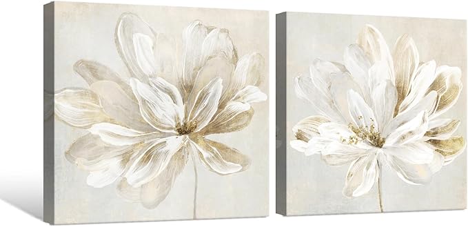 SEVEN WALL ARTS 2 Pcs Beige and Gold Flower Wall Art Blooming Flower Abstract Floral Artwork Canvas Print Poster for Living Room Bedroom Office Wall Decor 24"x24"