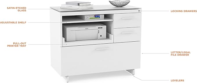 BDI Furniture Centro 6417-35'' Locking Lateral 3-Drawer File Cabinet with Letter or Legal-Size File Drawer, 2 Storage Drawers, Pull Out Printer Tray, Adjustable Shelf, Glass Top, Satin White