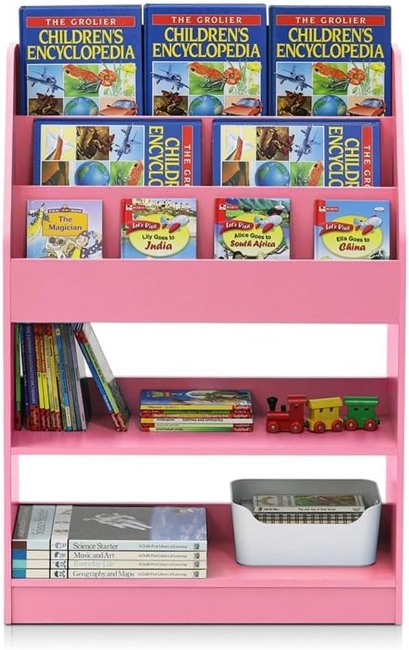 Furinno LOVA Book Shelf, 5-Tier Magazine Bookshelf, Bookcase with Open Shelves Storage, 9.4 x 24.6 x 37, for Living Room, Bedroom, Home Office, Pink