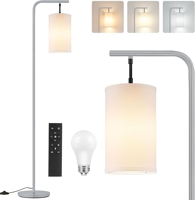 Floor Lamp for Living Room, 9W LED Bulb, Remote Custom Color Temperature & Brightness, Tall Standing Lamps for Bedroom Office, Grey