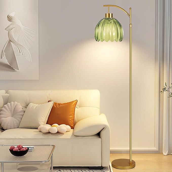 Glass Floor Lamp for Living Room,Bedroom,Gold Mid Century Modern Standing Lamp with Remote,Dimmable Brass Tall Lamp Vintage Tulip Green Arc Flower Floor Light Boho Bohemian
