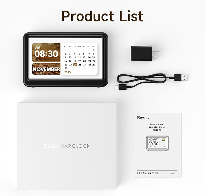 Raynic Date Clock, Digital Clock with 12 Themes, 20 Alarms, 20 Reminders, Semi-Automatic Dimming, 12/24 Hours, Auto DST Clock for Seniors Desktop, Office, Students (Black, 7 Inches)