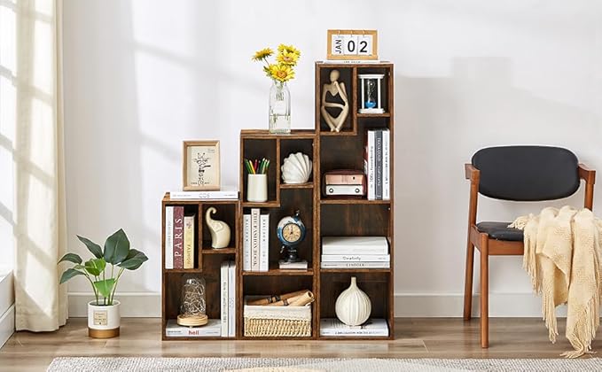VECELO 3-Tier 4-Cube Bookshelf with Height Difference Shelves, 66 LBS Per Shelf Heavy Duty Bookcase, Modern Floor Standing Storage Unit for Living Room Bedroom, Rustic Brown