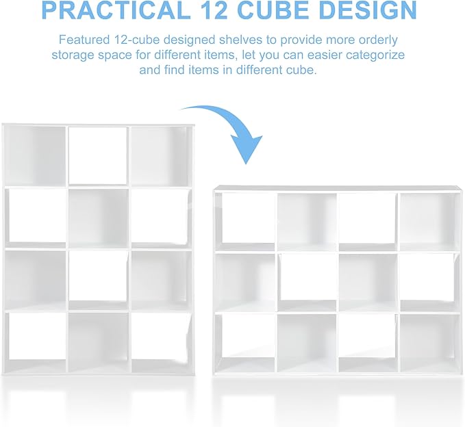 SUPER DEAL 12-Compartment Open Shelf Bookcase, 47 inch Wide Cube Storage Cabinet Wood Cubical Bookshelves Display Unit with 6 Removable Back Panels for Living Room Bedroom, White