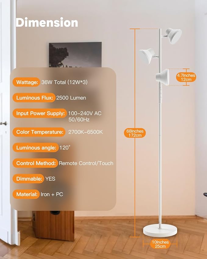 LED Floor Lamp, 36W Modern Floor Lamp with Remote & Touch Control, 4 Color Temperatures, Standing Lamp with 3 Rotatable Lights, Floor Lamps for Living Room, Bedroom, Office