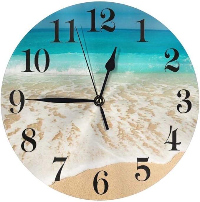 Sea Beach Wall Clock Battery Operated Silent Non Ticking Round Clock Summer Ocean Theme Wall Decor for Home, Office, School 9.8 Inch