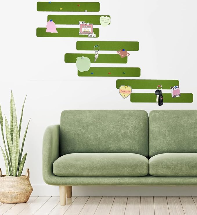 Vuzvuv 8 pcs Bulletin Board Bar Strips with 50 Pushpins & 10 Wooden Clip pins,Self Adhesive Cork Board for Wall,Felt Pin Board for School,Office Decor(Olive Green)