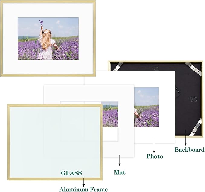 Golden State Art, Gallery Wall Frame Set of 6 - Gold 8x10 Aluminum Photo Frames with Mat for 5x7 Pictures - 8 x 10 inch Metal Frame with Real Glass Cover - Elegant Home or Office Decor