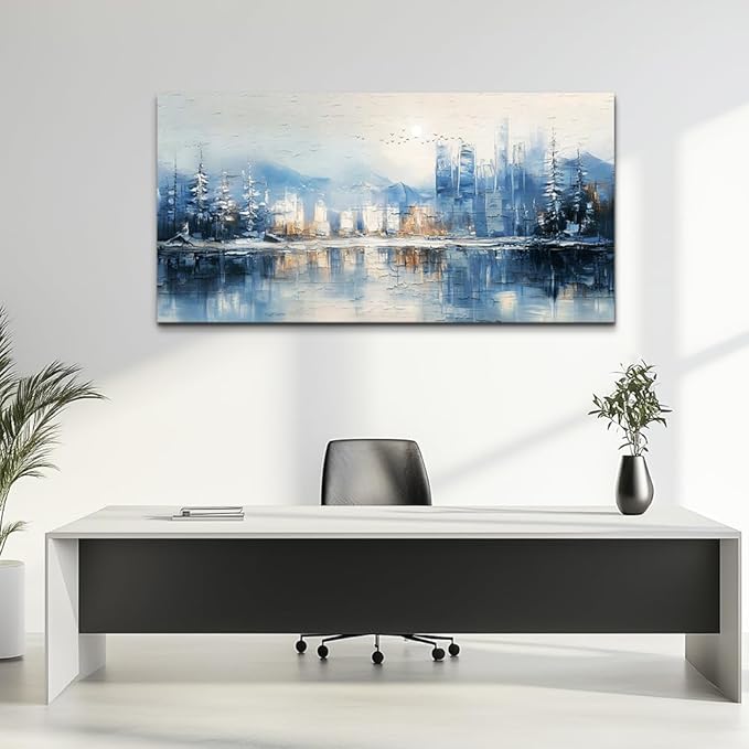 QIYILEXWART Large Wall Decor For Living Room Stretched And Framed Canvas Wall Art For Office Wall Decoration For Bedroom The Blue Lake Painting Abstract Watercolour Picture Home Decor Ready To Hang