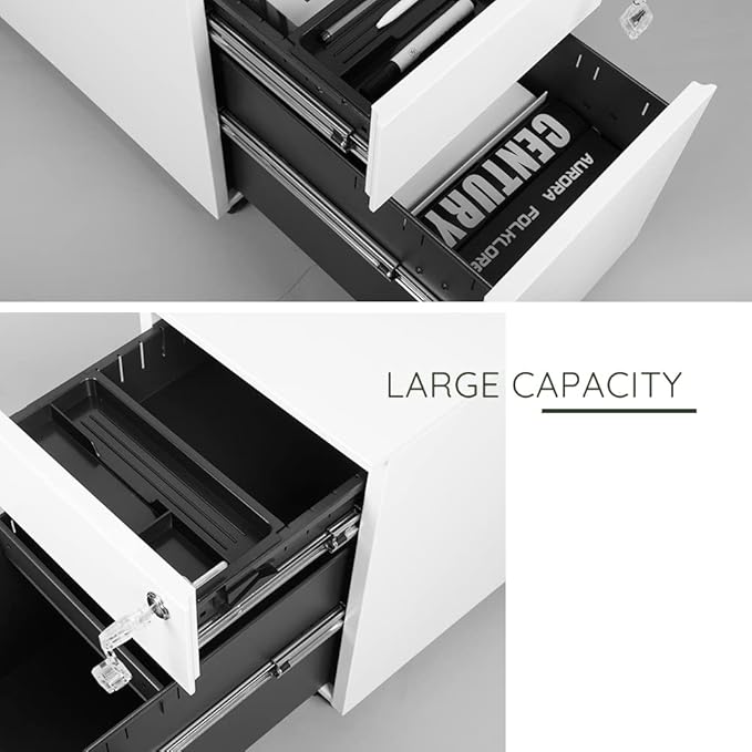 2 Drawer Mobile File Cabinet for Storage Under Desk in Home Office, Mobile File Cabinet, Metal File Cabinet with Lock, Legal/Letter /A4/F4 Size, Fully Assembled, Including Wheels, White
