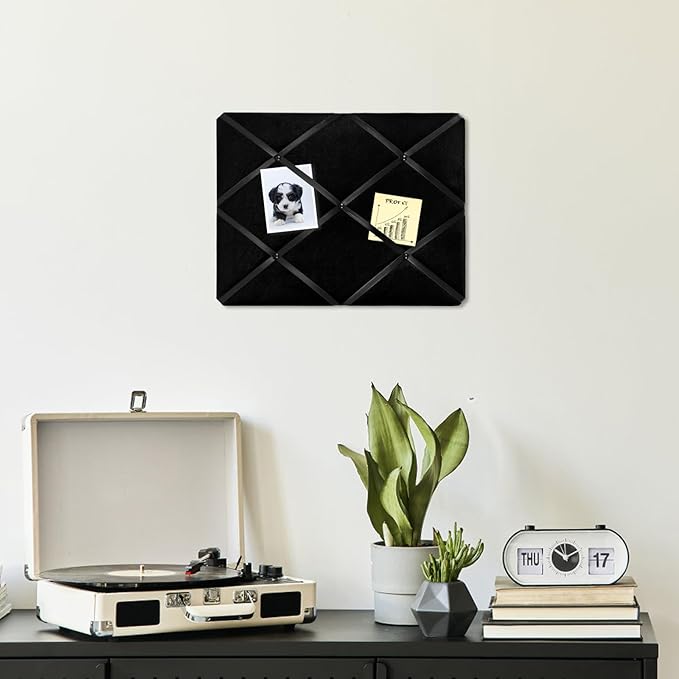 Black Fabric Memo Bulletin Board, 17x13 inches Velvet Pin Board for Wall, Vision Board Message Board Cork Board with Criss-Cross Ribbons for Home Office School Wall Decor(BK Velvet,4333)