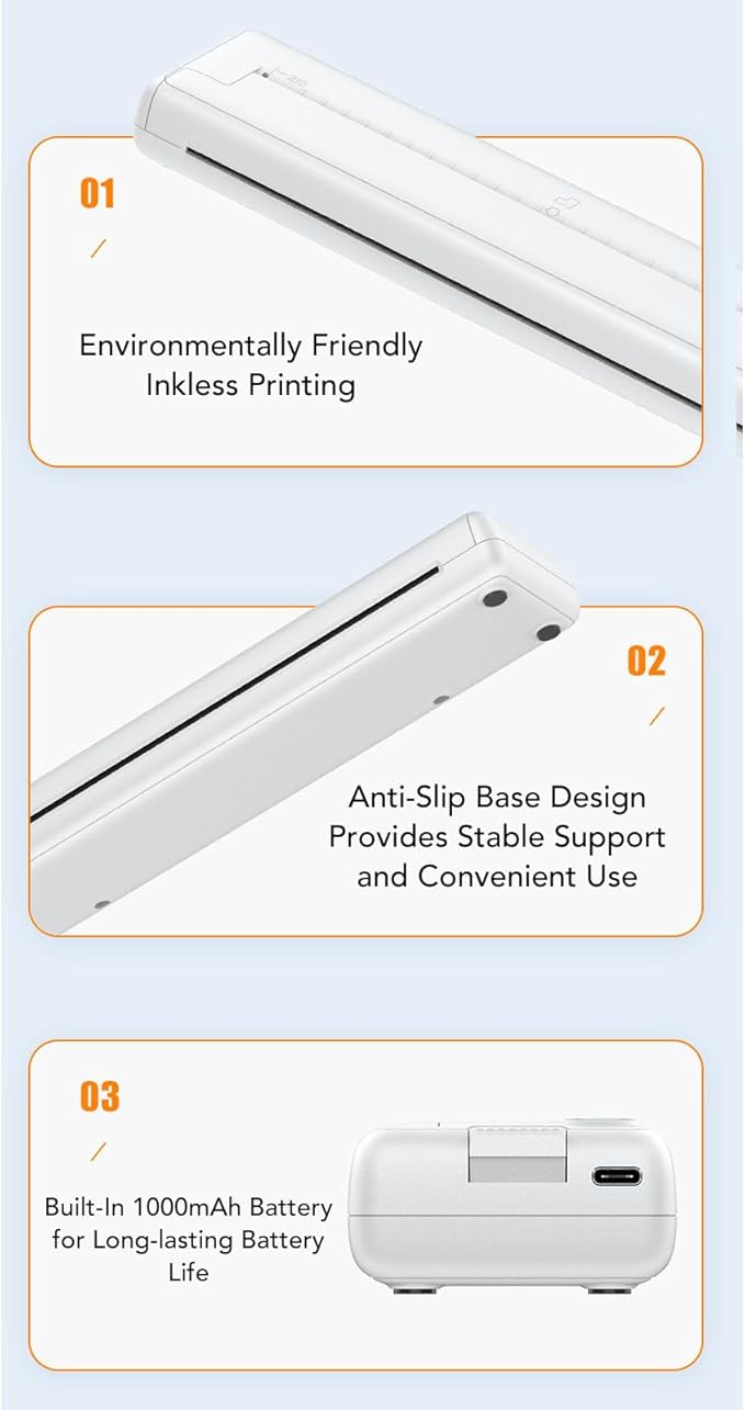 Yunseity Portable Cordless Inkless Thermal Printer, Mini Printer for iOS for Android, Mobile Printing with iPrint APP, Ideal for Office Travel School