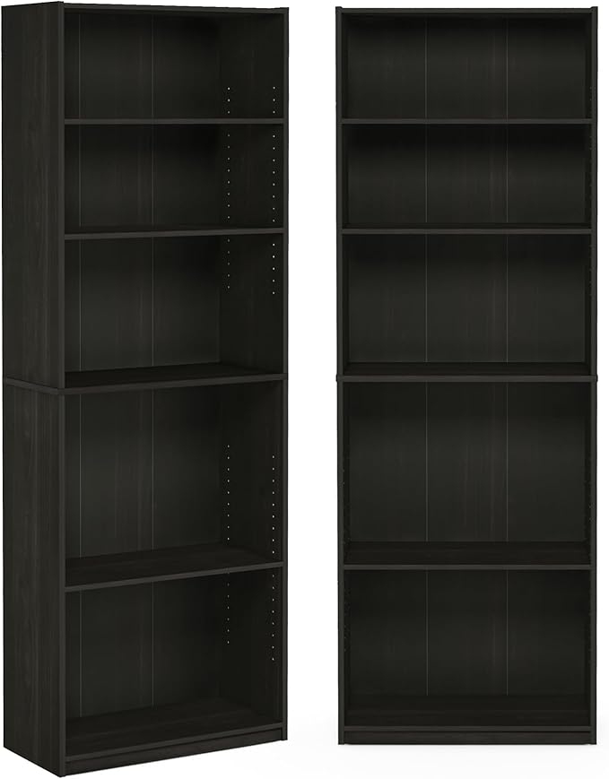 Furinno Jaya Book Shelf Set of 2, 5-Tier Bookshelf, Bookcase, with Adjustable Shelf, 9.5 x 24.5 x 71, for Home Office, Living Room, Espresso