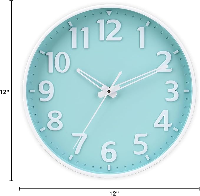 Wall Clock 12 Inch 3D Large Number Battery Operated Silent Non-Ticking Wall Clock Modern Quartz Design Decorative Indoor Bedroom Kitchen Office Classroom Mint Green