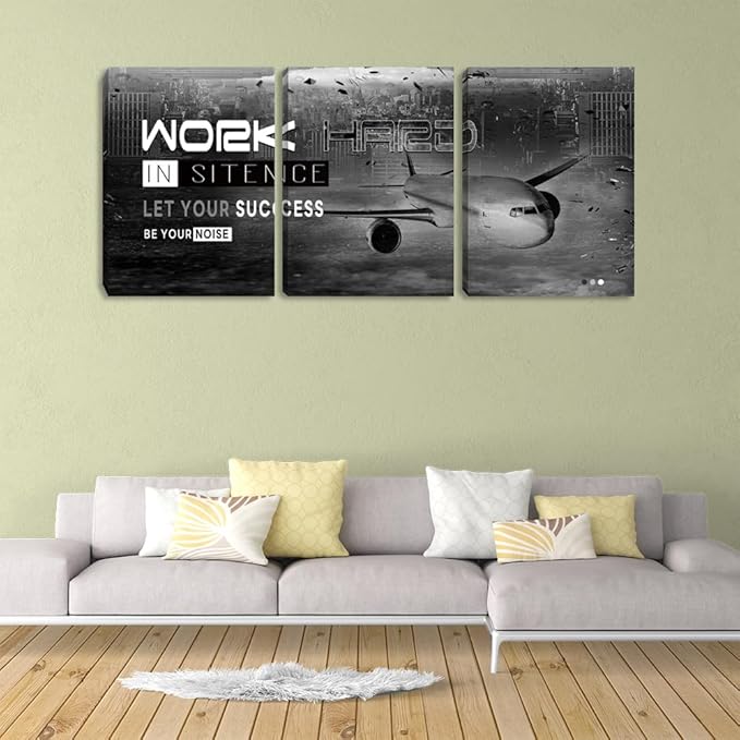 Motivational Framed Canvas Wall Art Success Quote Office Wall Art Black Positive Poster Set of 3 Prints Plane Inspirational Print Entrepreneur Workplace Workout Room Decor(48" Wx24 H)