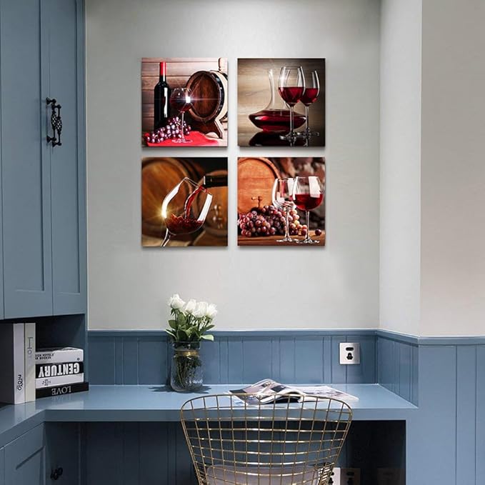 Lapremoly Canvas Wall Art For Kitchen Dining Room Wall Decor Print Artwork Wine Glass Wall Painting Modern Still Life Frame Wall Pictures Bar Restaurant Vintage Home Decor Ready to Hang 4 Piece Set