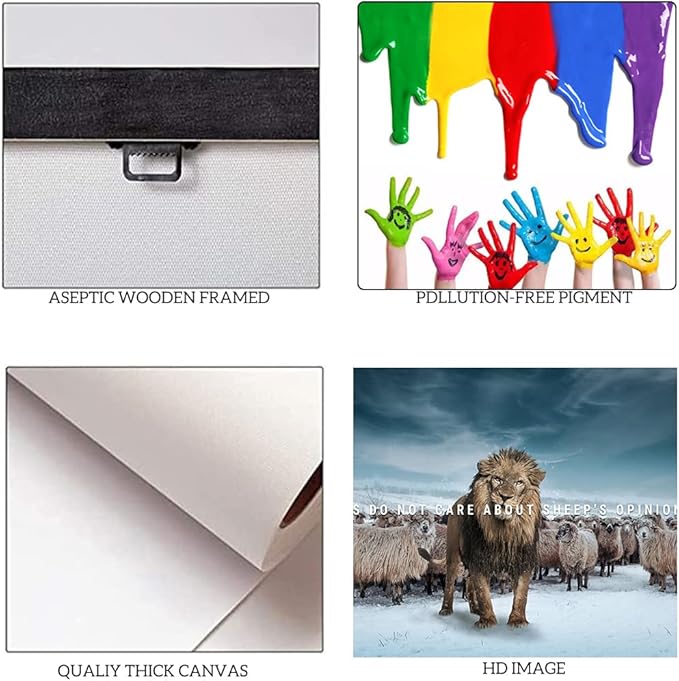 Lion Do Not Care About Sheep's Opinions-Motivational Successful Entrepreneur Quotes Wall Art Inspiring Office Decor for Walls Lion and Sheeps Artwork for Office Framed Easy to Hang, 44" Wx28 H