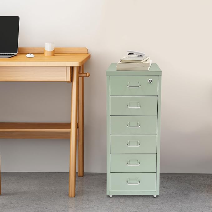 Vertical File Cabinets, 6 Tier Metal File Cabinet with Lock, Multi Drawer Cabinet for Home Office, Assembly Required (Green)