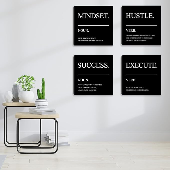 Framed Motivational Wall Art - Inspirational Hustle Wall Decor - Mindset Canvas for Living Room, Bedroom & Office - 20"x20"x4