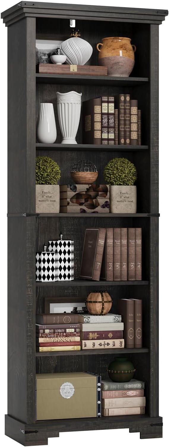 6-Tier Farmhouse Bookshelf, 73 inch Tall Book Shelf with Unique Design & 2 Adjustable Shelves, Wooden Bookshelf for Study Room, Living Room, Kitchen, Bedroom (Black)