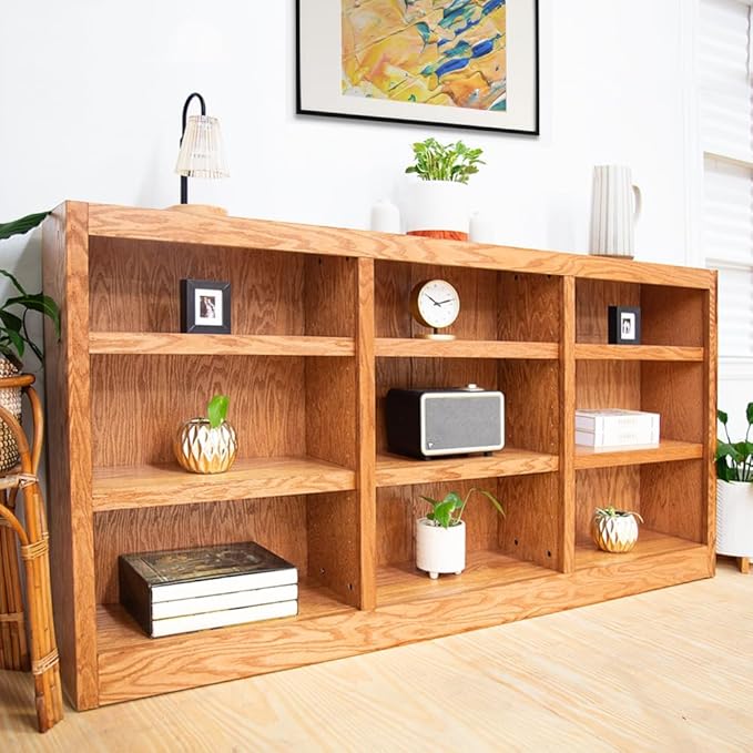Concepts In Wood 36" Traditional Triple Wide Wood Bookcase with 6 Adjustable Shelves & 3 Fixed Shelves, Assembly Required, for Laundry/Bedroom/Kitchen/Garage/Office, in Dry Oak Finish