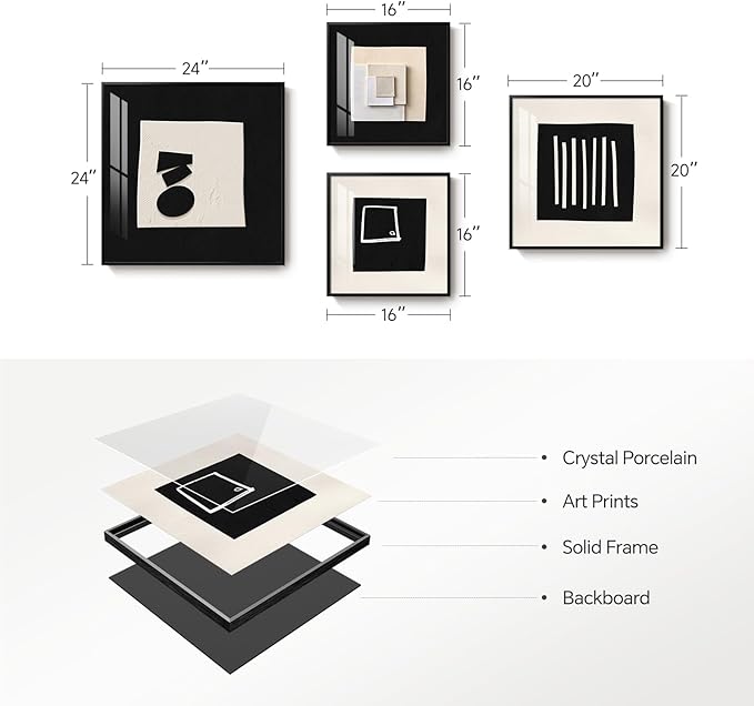 4 Piece Framed Modern Black and White Wall Art for Living Room, Large Abstract Minimalist Geometric Artworks for Walls, Bright Style Picture Prints Paintings for Dining Room Hallway Office Wall Decor