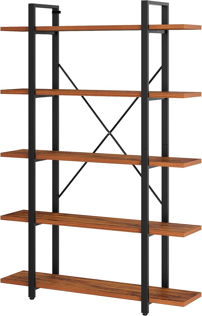 BATHWA Wood and Metal Minimalist 5 Tier Bookshelf, 6 feet Tall Open Rustic Wide Bookcase Industrial Style, Modern Wooden Big Book Shelf for Home Living Room Bedroom Office Storage, Rustic Brown