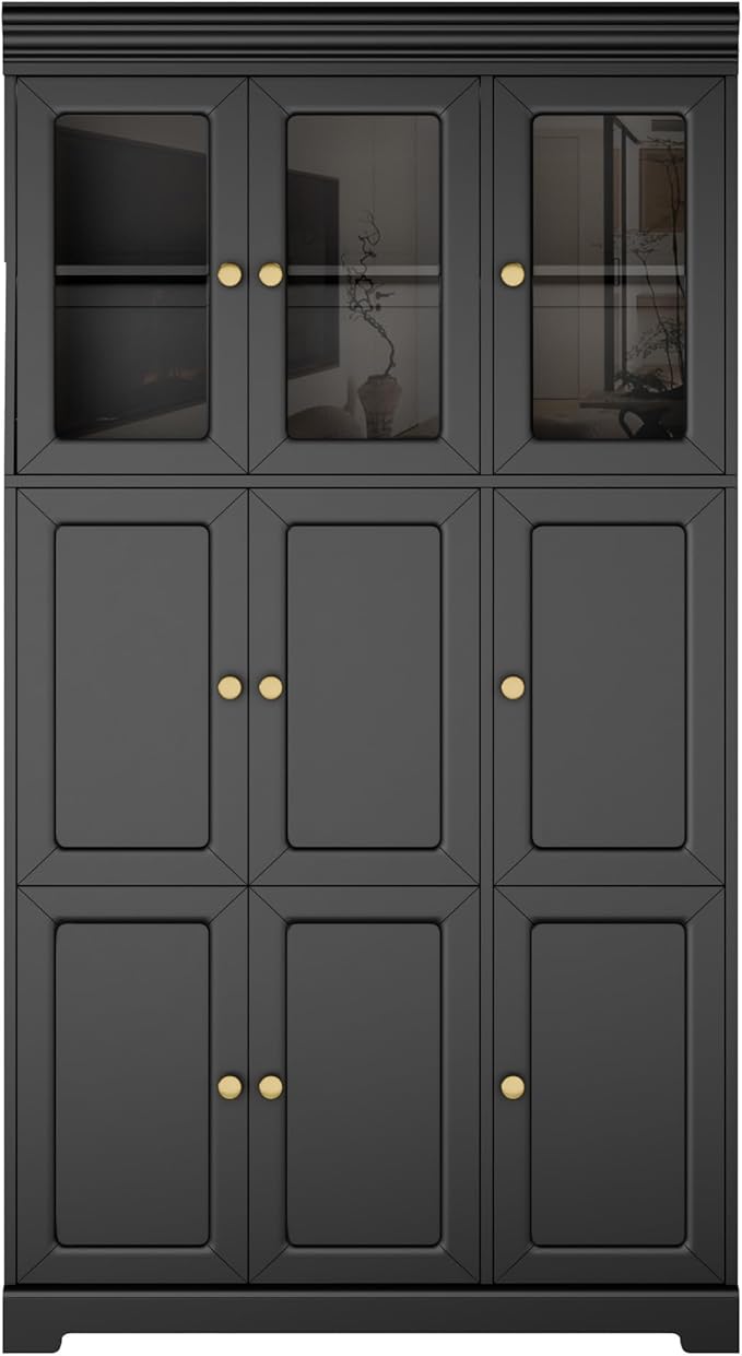 Keyluv 71" Tall Bookshelf and Bookcase with Glass Door, 6-Tier Large Book Shelf with Storage Cabinet, Floor Standing Cabinet Bookshelves with Adjustable Shelves for Home Office/Living Room, Black