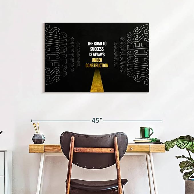 ElephantStock - Work On Your Road To Success Wall Art - Horizontal Canvas Wall Art - Home Office Wall Decor - Digital Art Inspirational And Typography Canvas Art - Black And White Decor - 36" x 24"