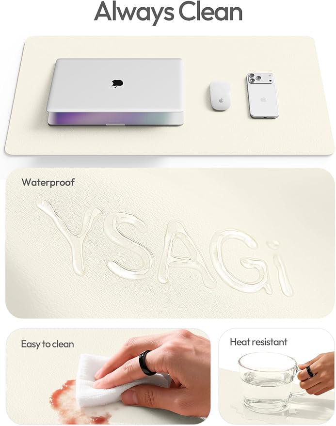 YSAGi Leather Desk Protector, Office Mat, Large Mouse Mat, Non-Slip PU Leather Blotter, Laptop Pad, Waterproof Writing Pad for Office and Home (Cream, 47" x 17")