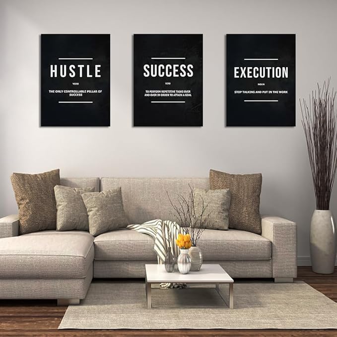 Unbruvo Hustle Success Execution Wall Art for Office, Inspirational Motivational Wall Decor, 3 Pieces Positive Quotes Canvas Wall Art for Entrepreneur Living Room Bedroom(72''Wx 36''H)