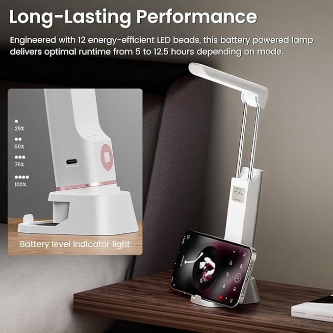 Cordless Desk Lamp, Rechargeable Portable Light with 3 Modes and Hidden Stretchable Design, Multi-Function Lamp for Reading, Emergency and Phone Stand Use