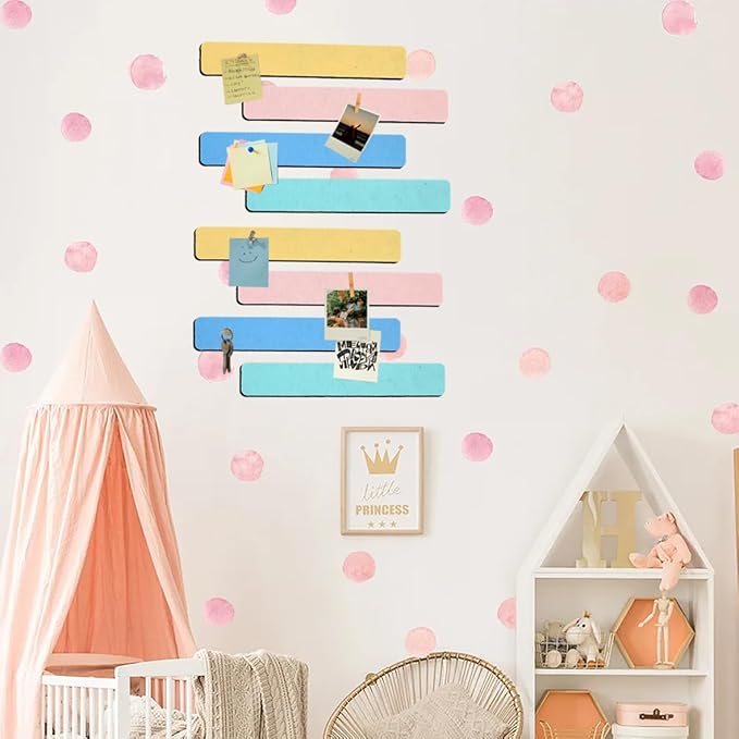 Vuzvuv 8 pcs Bulletin Board Bar Strips with 50 Pushpins & 10 Wooden Clip pins,Self Adhesive Cork Board for Wall,Felt Pin Board for School,Office Decor(Cream Multi-Color)