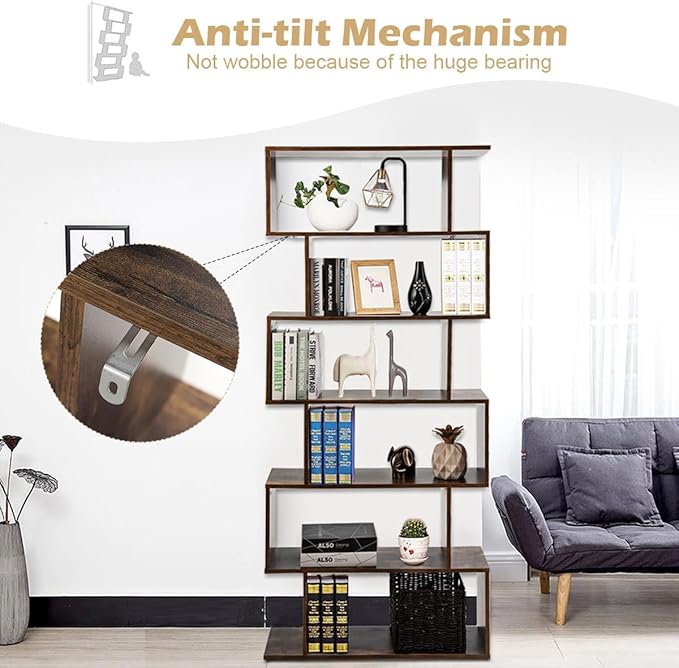 Tangkula 6-Tier Geometric Bookcase, Modern S-Shaped Storage Display Bookshelf for Living Room, Anti-Toppling Device, Home Office Wooden 6 Shelf Open Bookcase (2, Coffee)