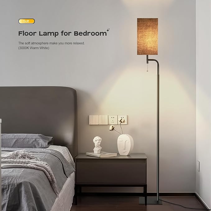 Modern Floor Lamp for Living Room, Black, 3 Color Temperatures, Linen Shade, Minimalist Design, Tall Lamp for Reading, Office, Bedroom