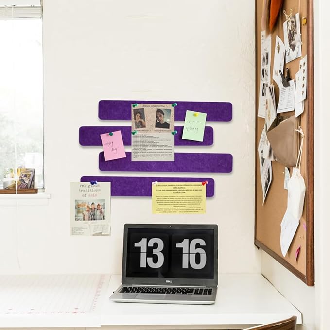 Vuzvuv 8 pcs Bulletin Board Bar Strips with 50 Pushpins & 10 Wooden Clip pins,Self Adhesive Cork Board for Wall,Felt Pin Board for School,Office Decor(Purple)