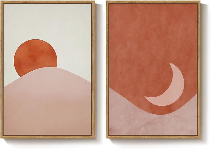 Framed Boho Sun and Moon Wall Art Set of 2 for Living Room, Terracotta Blush Mid Century Modern Canvas Artwork for Walls, Bohemian Abstract Minimalist Wall Decor for Bedroom Home Office, 16x24 Inch