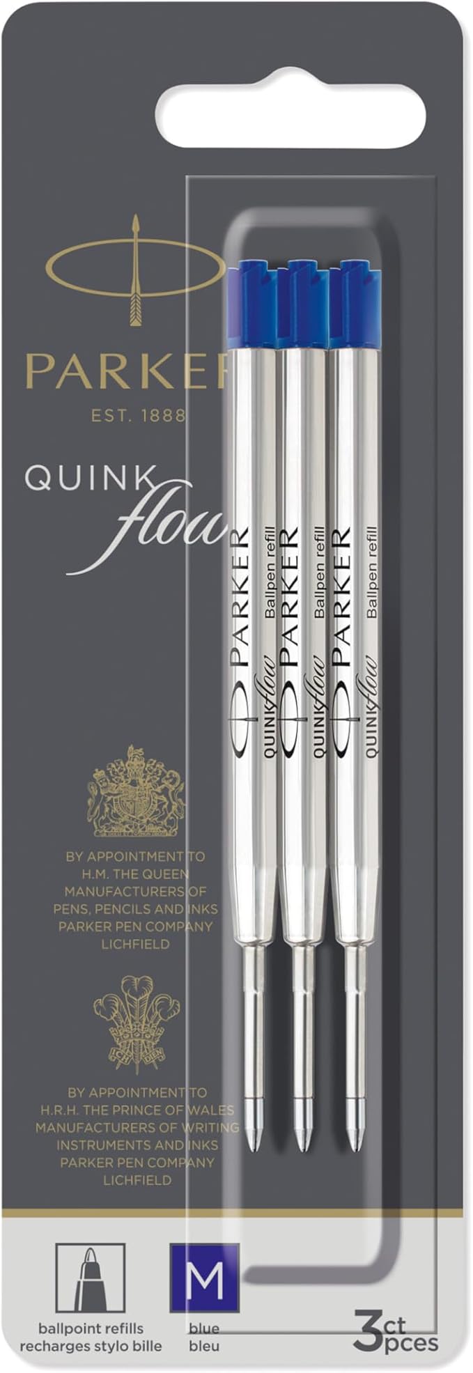 Parker Quink flow Ballpoint Pen Ink Refills Medium Tip Blue 3 Count