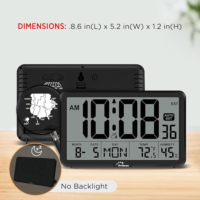 WallarGe Auto Set Digital Wall Clock Battery Operated, Desk Clocks with Temperature, Humidity and Date, Large Display Digital Calendar Alarm Clock for Elderly, Bedroom, Office, 8 Time Zone, Auto DST.
