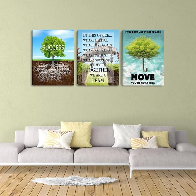 Motivational Wall Art Canvas Office Wall Decor 3 Pieces Inspirational Success Wall Art Tree Picture Painting Print Framed Canvas Artwork Team Wall Decor for Living Room Gym(60''Wx28''H)