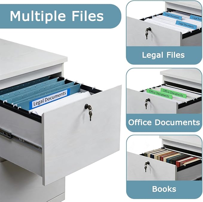 kowo 2 Drawer Wood File Cabinet with Lock, Printer Stand, Vertical Filing Cabinet fits A4, Letter, and Legal Size Documents for Home Office, White