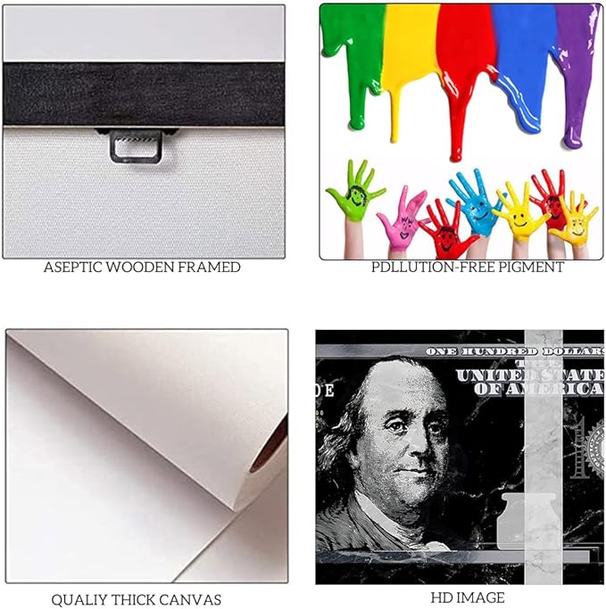 Modern Home Office Artwork Motivational Framed Benjamin Franklin 100 USD Dollar Artwork Black and White Nordic Western Paintings for Living Room Bedroom Wall Decor Wooden Framed Easy to Hang-40"Wx20"H